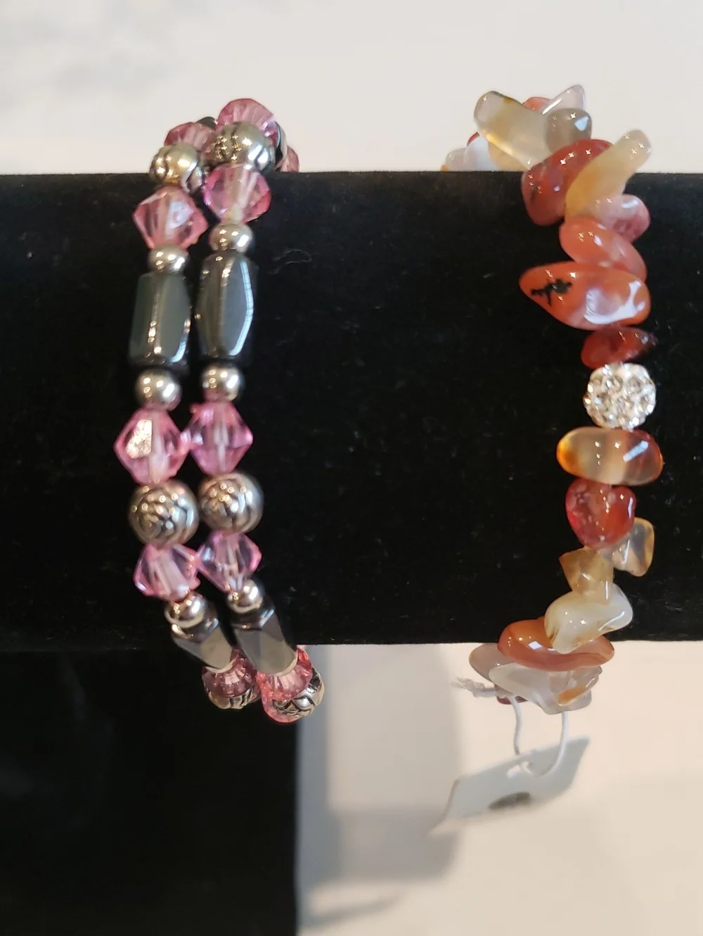 Two Bracelets - Pink Crystal & Hematite Beaded and Coral Color Chip